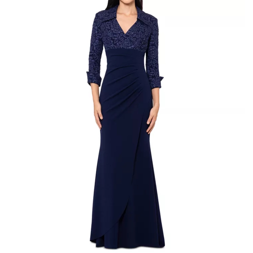Xscape - Navy Floral Jacquard Long Sleeve Evening Gown